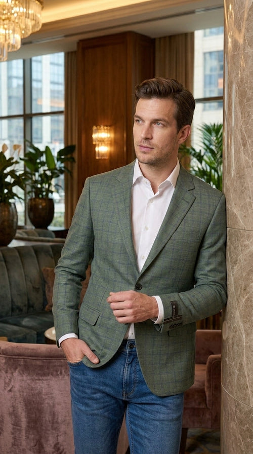 Men’s Sage Green Windowpane 2-Piece Suit – Modern Fit Plaid Wedding, Business and Formal Suit