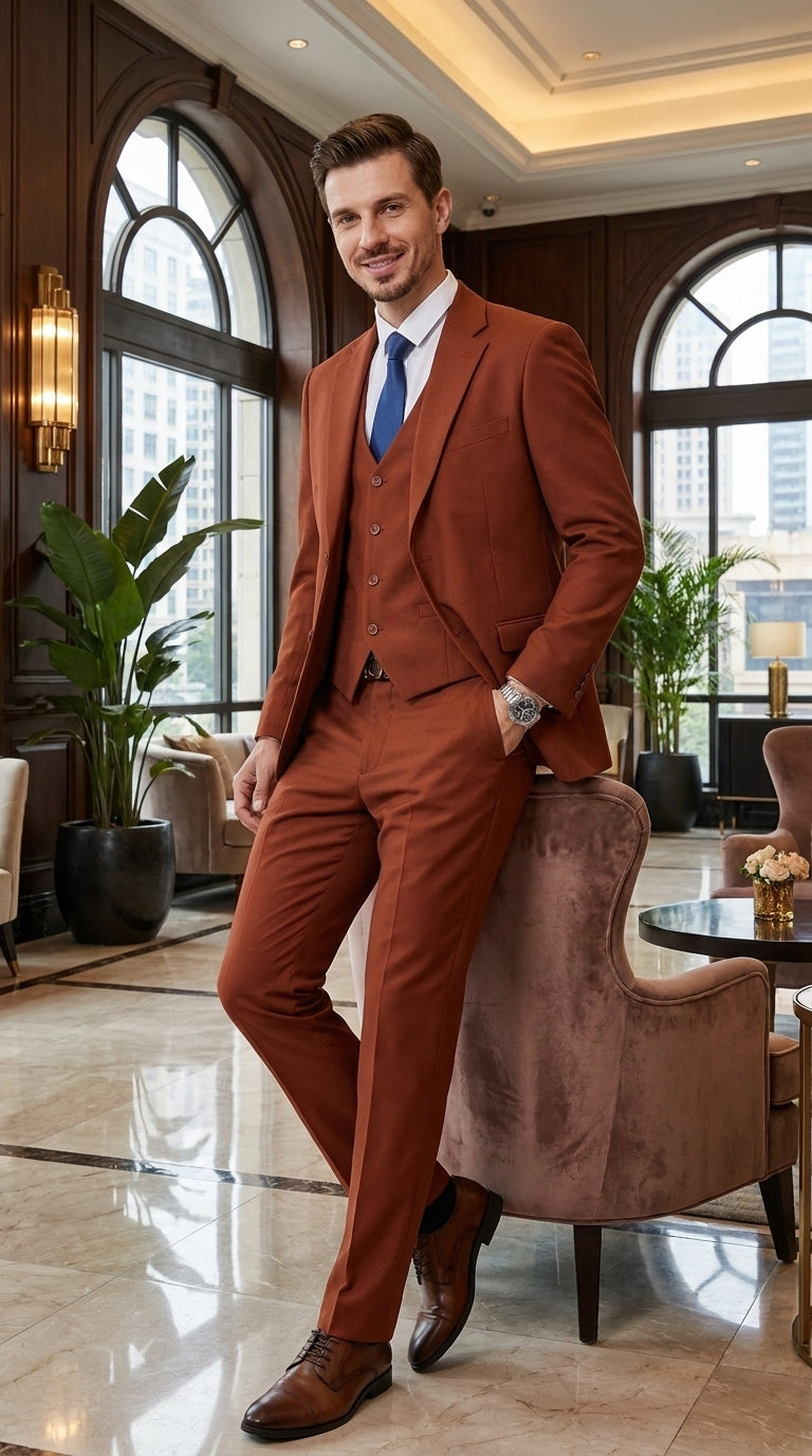 Stacy Adams Burnt Orange Suit – Men’s Rust 3-Piece Wedding & Formal Suit with Vest