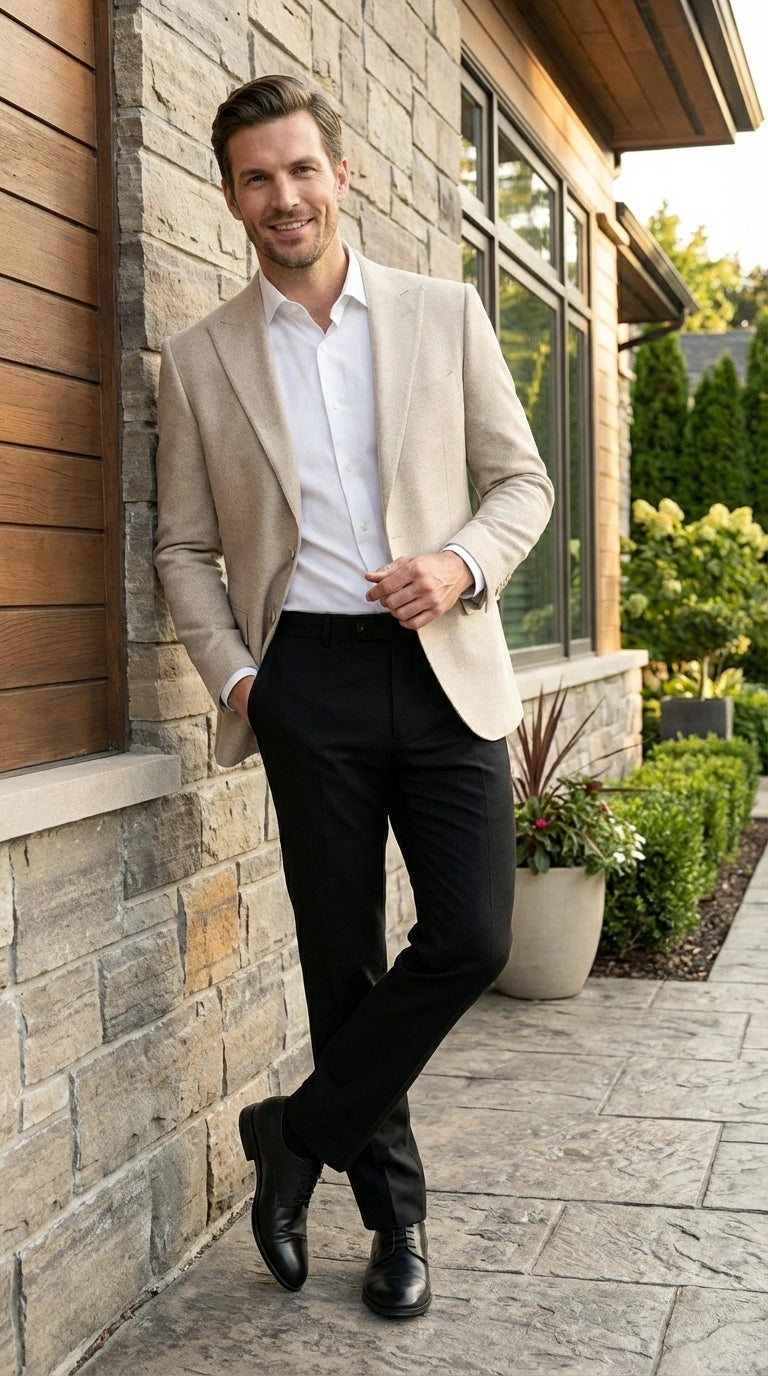 Zacchi Men’s Beige Hopsack Blazer – Classic Two Button Sport Coat with Peak Lapel Formal Jacket – SuitUSA