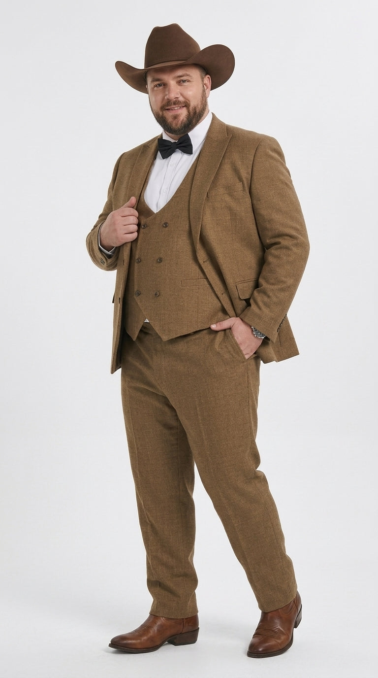 Men’s Light Brown Western 3-Piece Suit – Cowboy Wedding Suit with Vest British Khaki Color