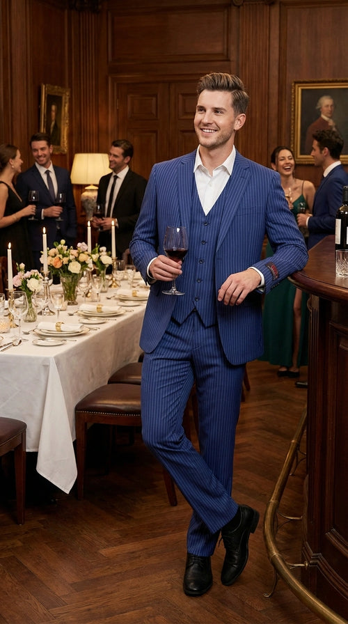 Men’s Royal Blue Pinstripe Three Piece Suit – Classic Formal 3PC Business and Wedding Suit Indigo Teal Saphire Pinstripe