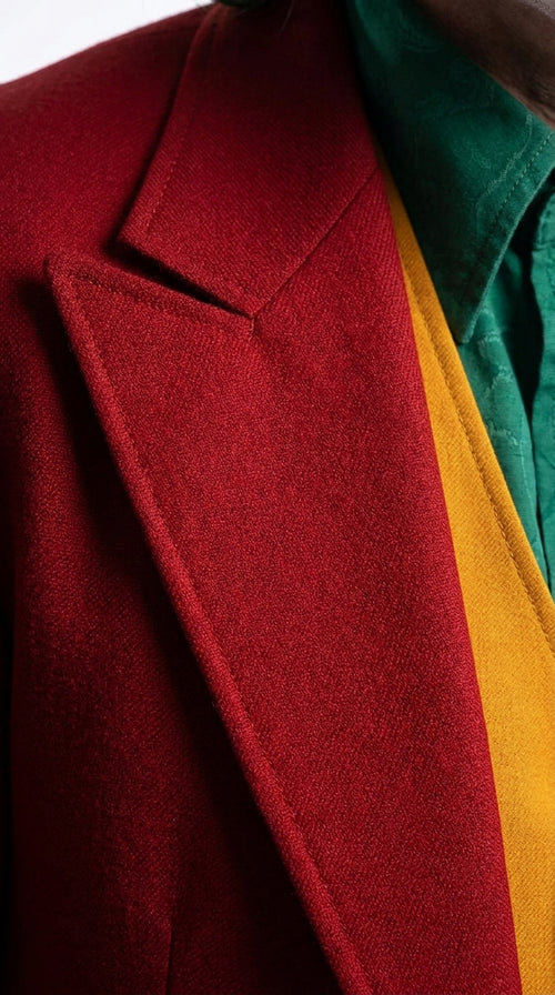 Men's Joker 2019 Red 3-Piece Suit – Joaquin Phoenix Movie-Inspired Costume with Mustard Orange Vest & Green Shirt & Tie Package