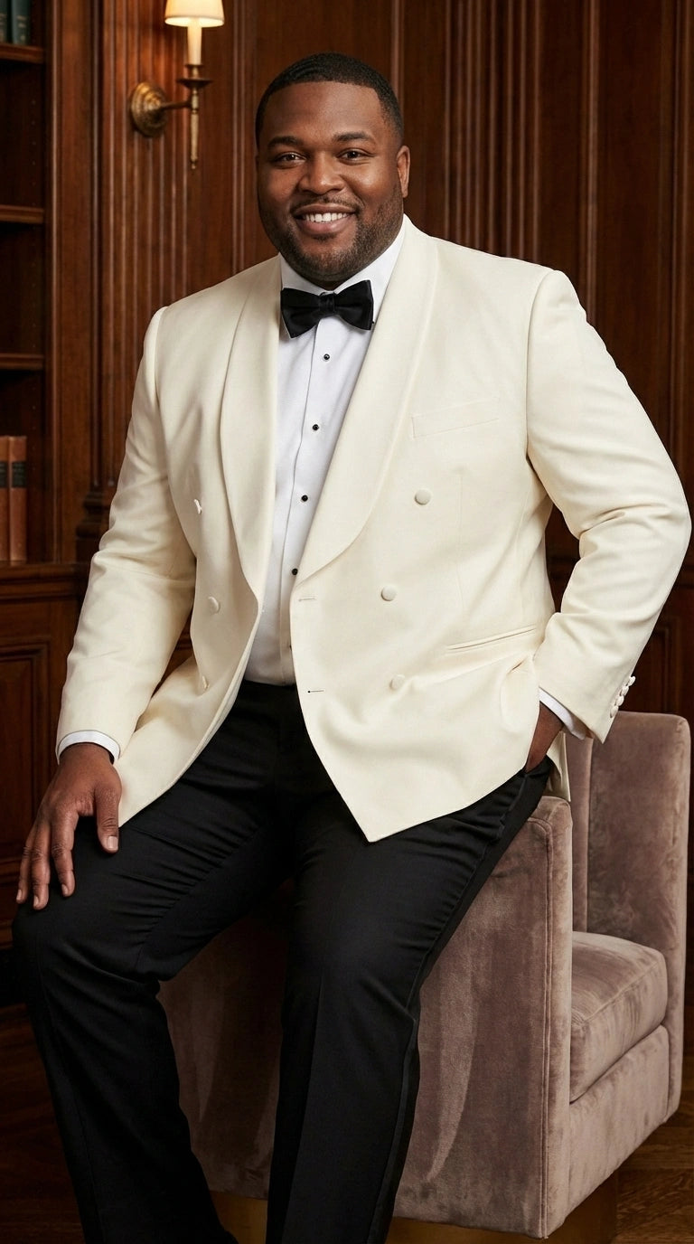 Men’s Ivory Wool Dinner Jacket – Classic Double Breasted Formal Tuxedo Jacket for Wedding and Black Tie Events