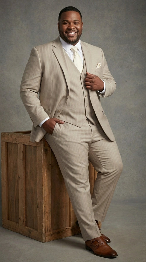 Men’s Tan Pinstripe Three Piece Suit – Classic Fit Pleated Pants  Tan Sand Beige Wedding, Church Shadow Ton on Tone  Business Suit for Men