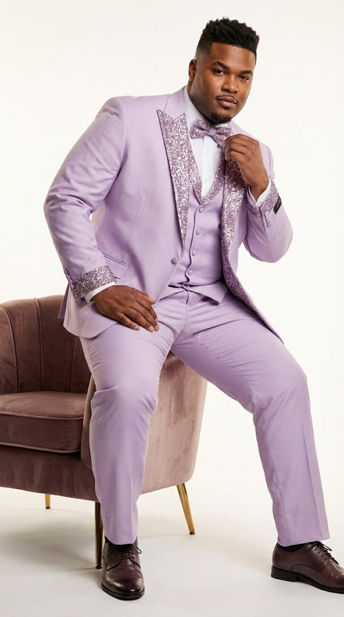 Men’s Lilac Suit with Silver Glitter Sequin Lapel – Lilac and Silver Formal Tuxedo Suit for Prom, Wedding  Lavender Tuxedo