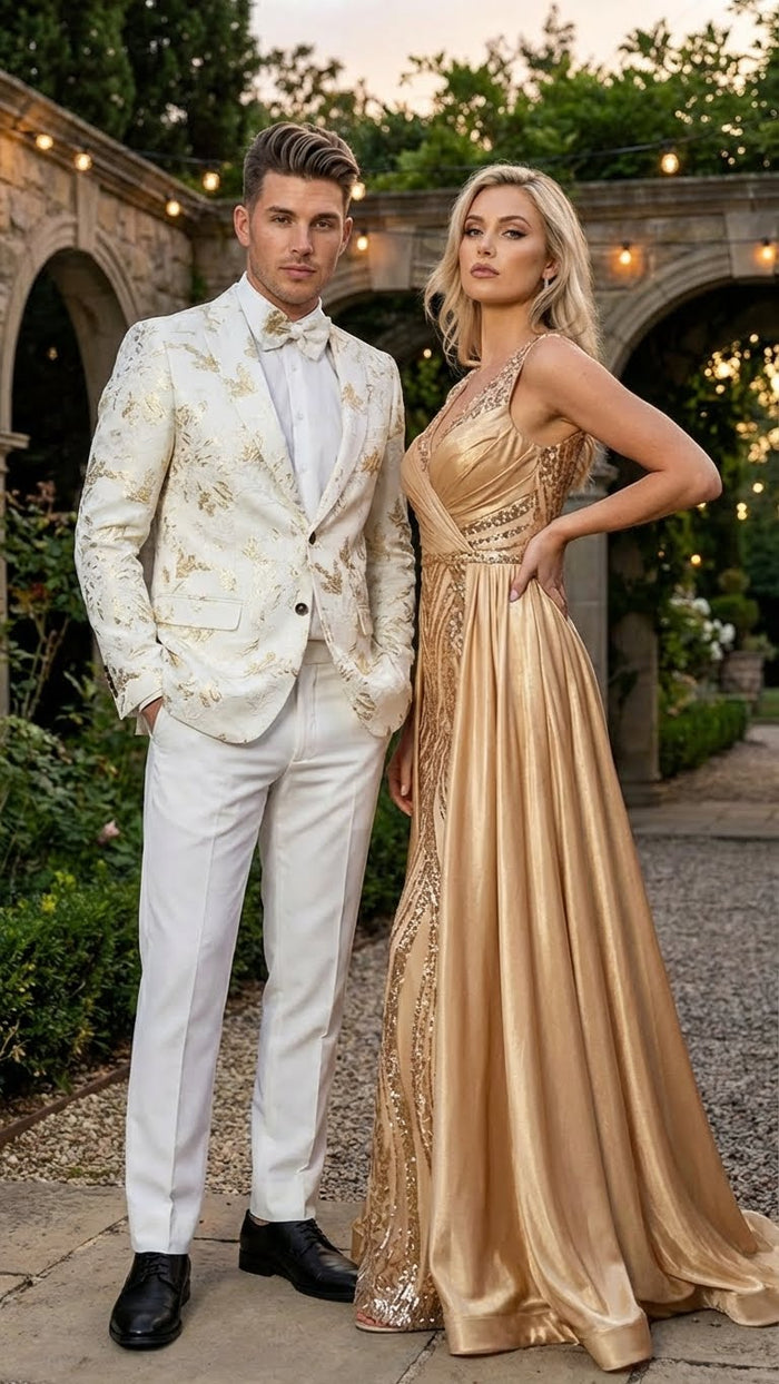 Men’s White and Gold Patterned Blazer - Paisley Floral Pattern Prom Wedding Suit Tuxedo Dinner Jacket + Bowtie by USA Men's Outlet