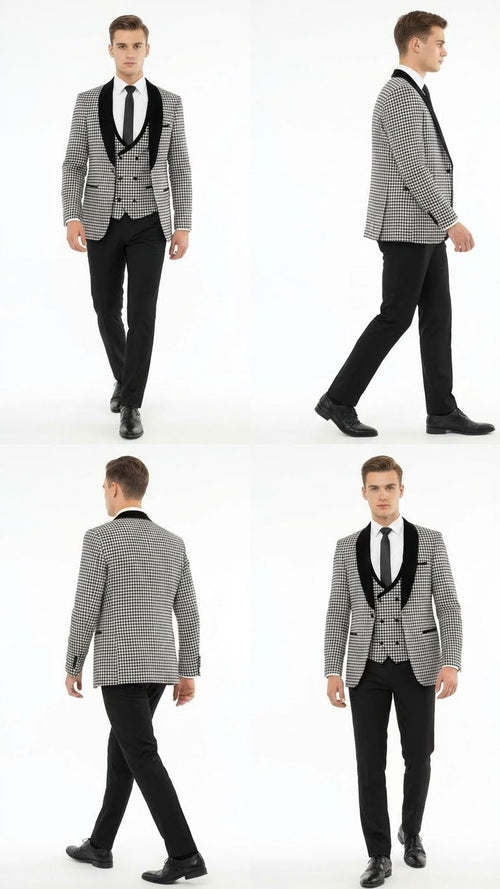 Men’s Black and White Houndstooth Tuxedo Set with Velvet Shawl Lapel | 3-Piece Formal Suit with Double-Breasted Vest