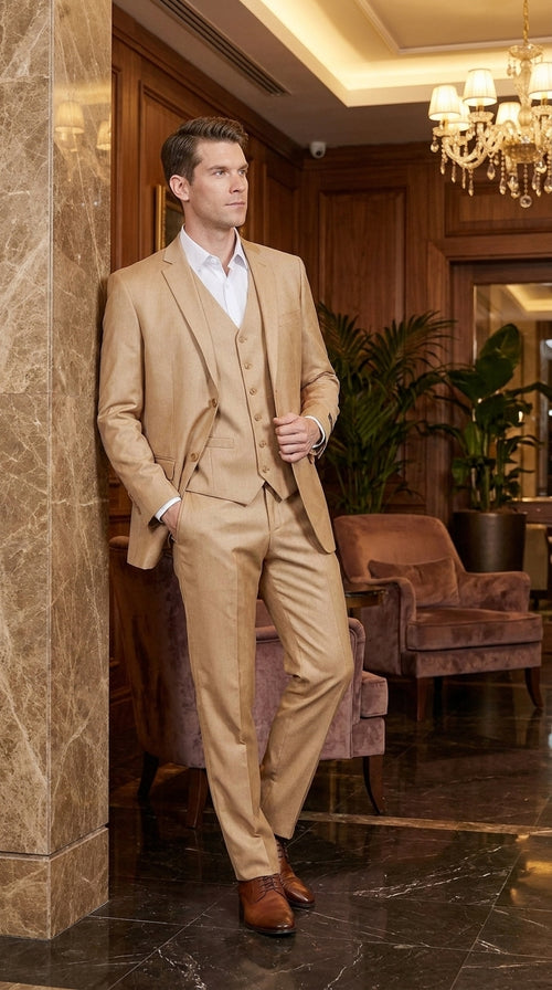 Men’s Camel Khaki Bronze Sharkskin 3-Piece Suit – Modern Wedding, Business and Formal Suit with Matching Vest