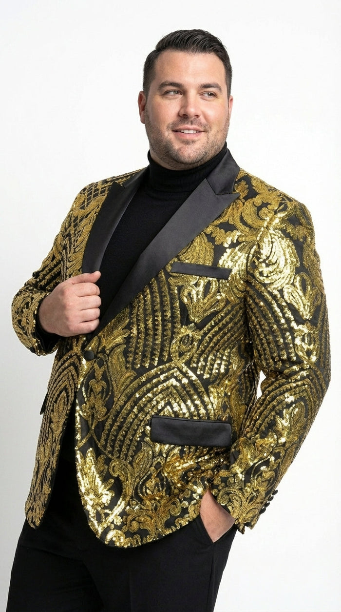 Mens Black and Gold Pattern Blazer – Gold Floral Luxury Formal Blazer Jacket for Prom, Wedding and Party Slim Fitted
