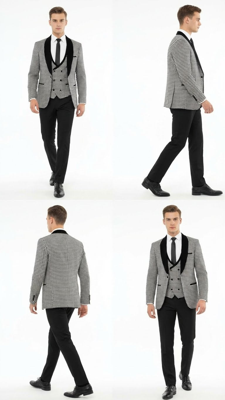Men’s Black and White Houndstooth Tuxedo Set with Velvet Shawl Lapel - 3-Piece Formal Suit with Double-Breasted Vest by USA Men's Outlet