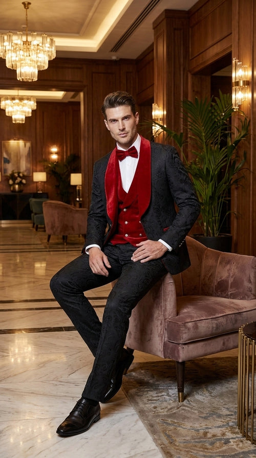 Men’s Black Paisley Tuxedo with Red Velvet Shawl Lapel – 3 Piece Wedding Prom Suit With Matching Bowtie