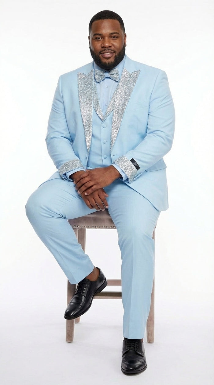 Men’s Light Blue Suit with Silver Glitter Lapel – Light Blue Formal Tuxedo Suit for Prom, Wedding and Special Occasion Wear in Sky Baby Blue