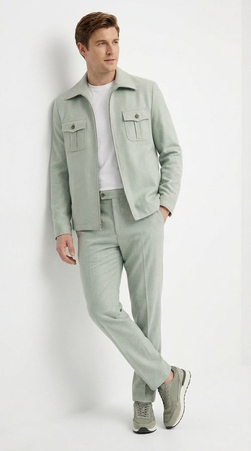 Mens Sage Green Walking Suit Set – Casual Safari Military Jacket and Pants Outfit for Travel