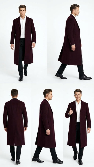 Men’s Burgundy Long Coat - Classic Fit Wool Blend Overcoat - Topcoat Full length USA Men's Outlet