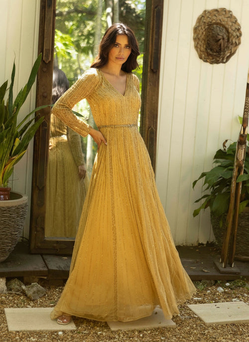Primavera Couture 12010 - Beaded Sequin Long-Sleeve Evening Gown