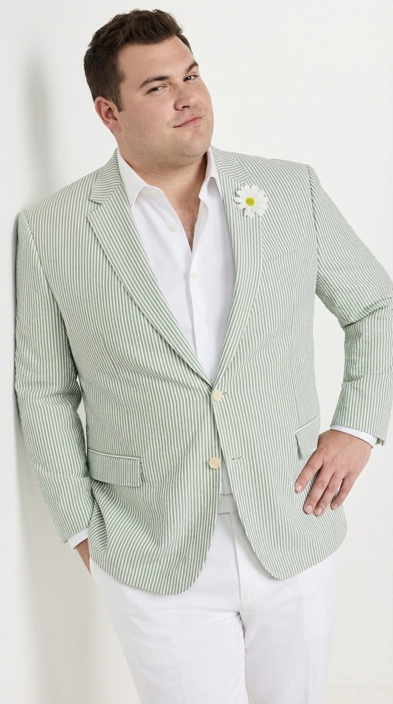Mens Sage Green Seersucker Blazer – Lightweight Striped Summer Sport Coat Casual Smart Formal Jacket