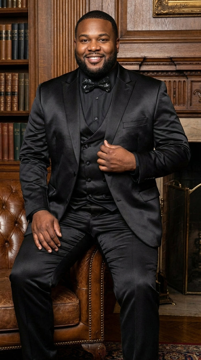 Men’s All Shiny Black Satin Suit – Black Satin Tuxedo Suit for Prom, Wedding, Formal Party and Evening Events Double breasted Vest