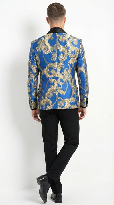 Men’s Royal Blue and Gold Blazer Jacket – Luxury Floral Pattern Tuxedo Blazer, Formal Party Wedding Dinner Jacket, Stylish Evening Wear