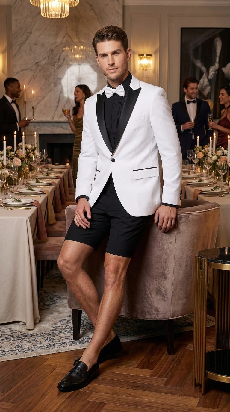 Men's White and Black Tuxedo Suit with Shorts – Modern Formal Blazer a