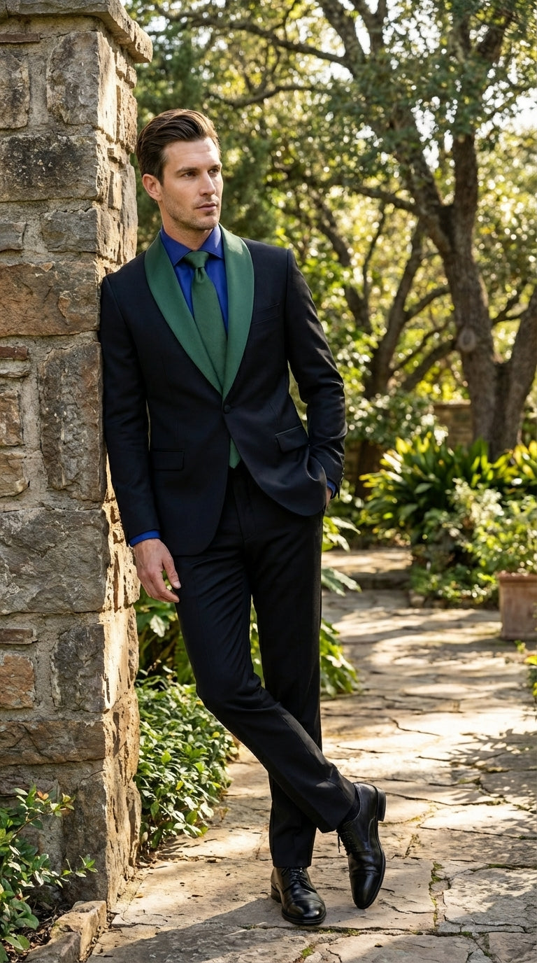 Men’s Black Suit with Hunter Green Shawl Lapel – Black and Hunter Green Formal Tuxedo Suit for Wedding, Prom With Bow Tie