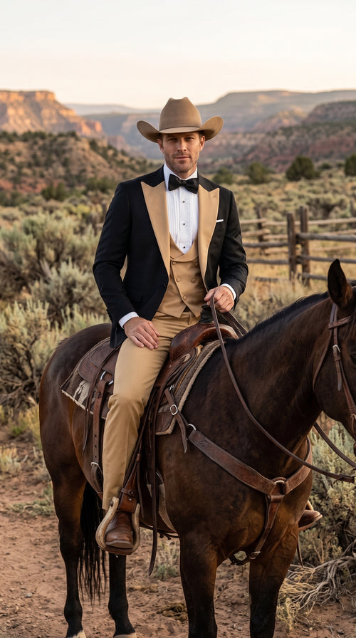 Men's Western Khaki Cowboy Tuxedo Suit – Black & Tan Beige  Peak Lapel 3-Piece Vested Formal Cowboy Suit