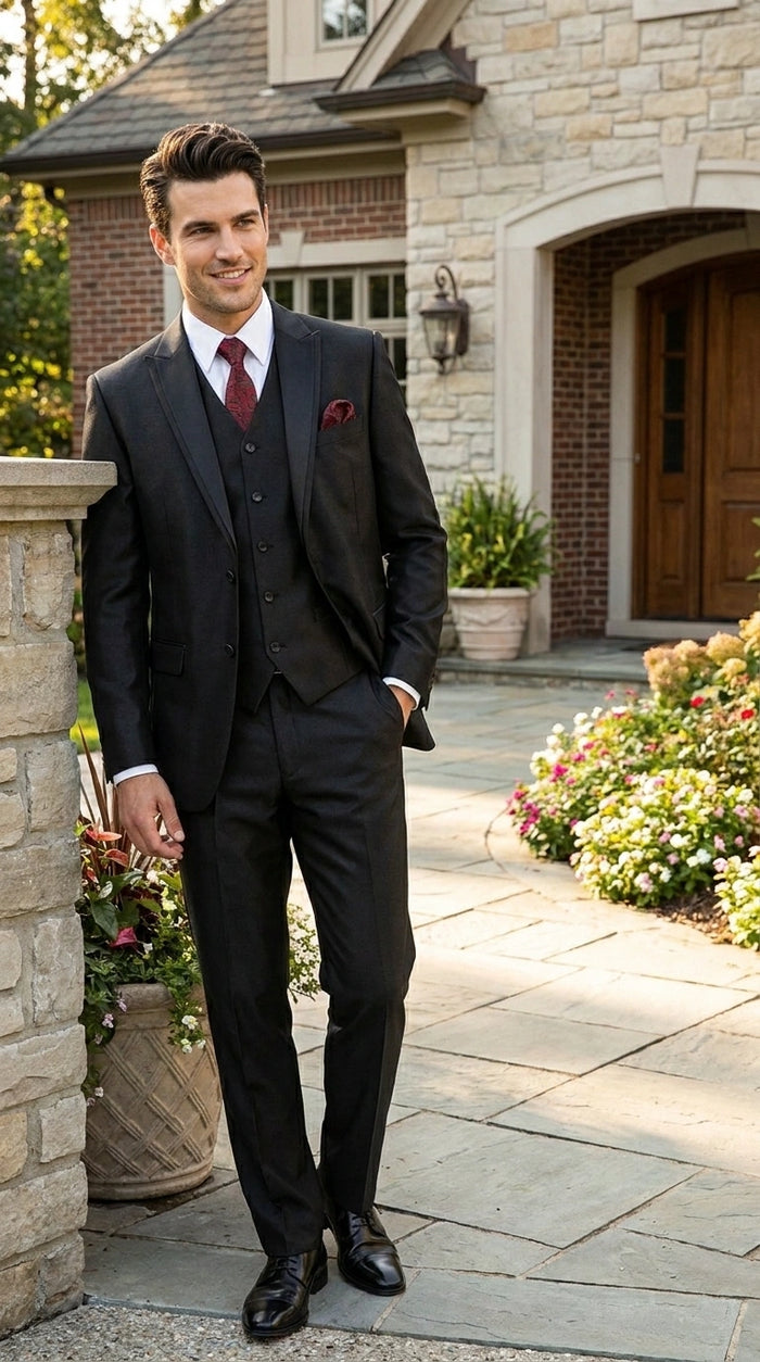 Men’s Black Shiny 3 Piece Tuxedo Groom Suit, Formal Vest Suit for Weddings, Prom, Black Tie Events, Black Lapel