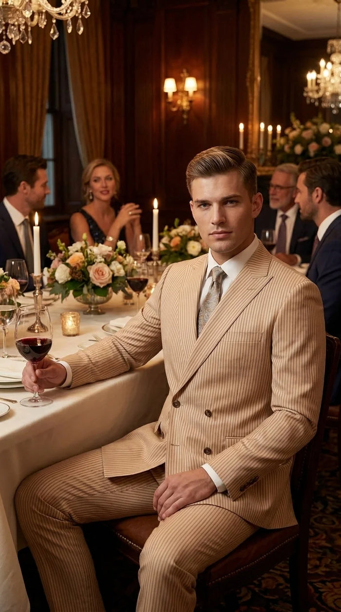 Vitali Men’s Tone on Tone Beige Pinstripe 2 Piece Suit, Double Breasted Summer Dress Suit for Weddings, Tan Beige Shadow Pinstripe