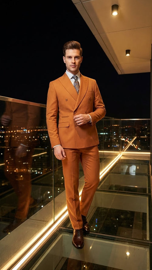 Men’s Vitali Brand Rustish Orange Brown Copper Color Double Breasted Slim Fit Suit USA Men's Outlet
