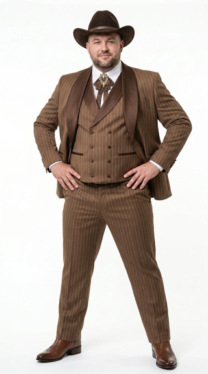 Men’s Brown Pinstripe Western Cowboy Tuxedo, Contrast Shawl Lapel Formal Suit for Weddings, Prom, Parties, and Special Occasions
