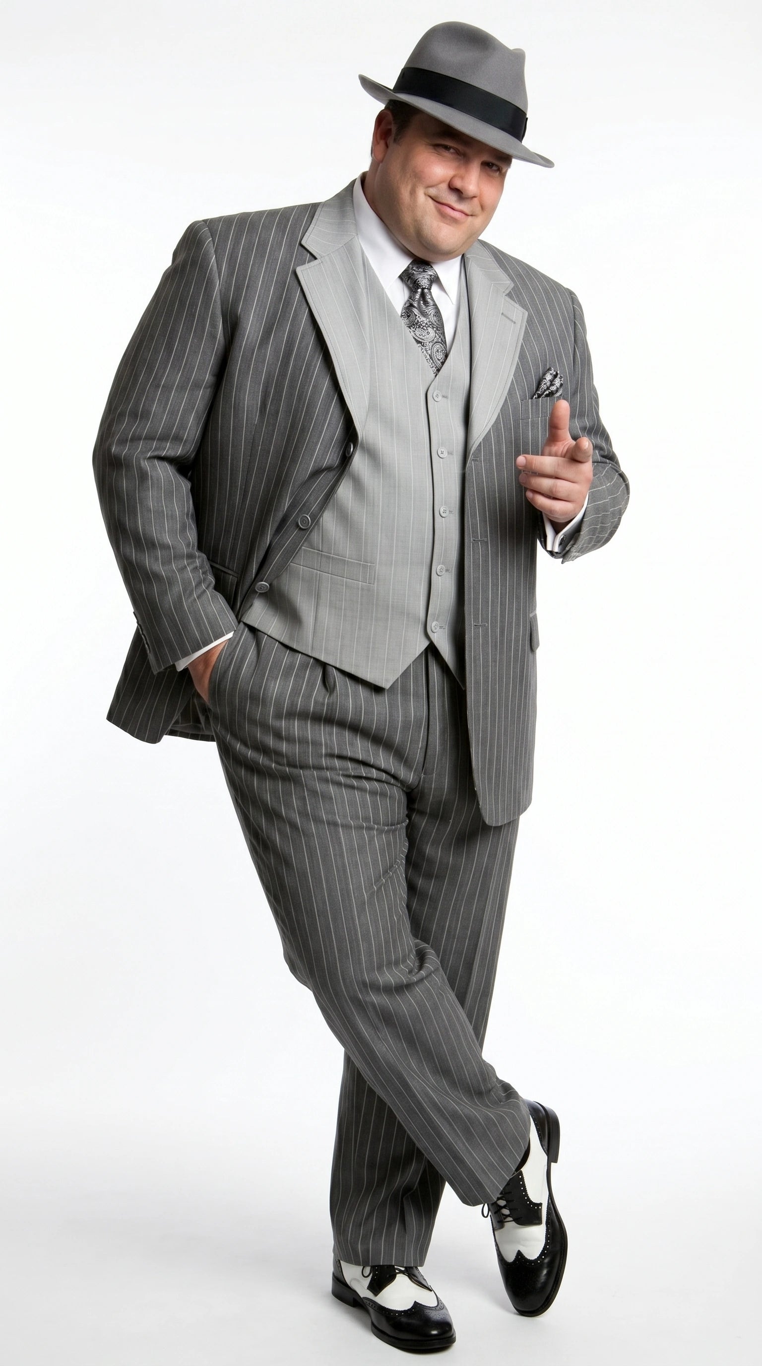Men’s Grey Pinstripe 1920s Gangster 3 Piece Suit, Contrast Lapel Vintage Formal Suit for Parties, Prom, Weddings, and Theme Events