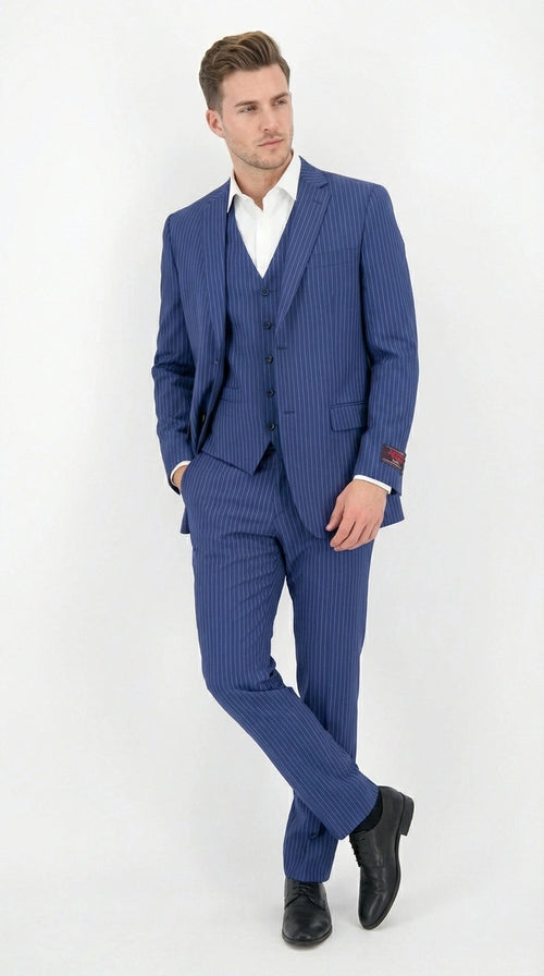 Men’s Royal Blue Pinstripe Three Piece Suit – Classic Formal 3PC Business and Wedding Suit Indigo Teal Saphire Pinstripe