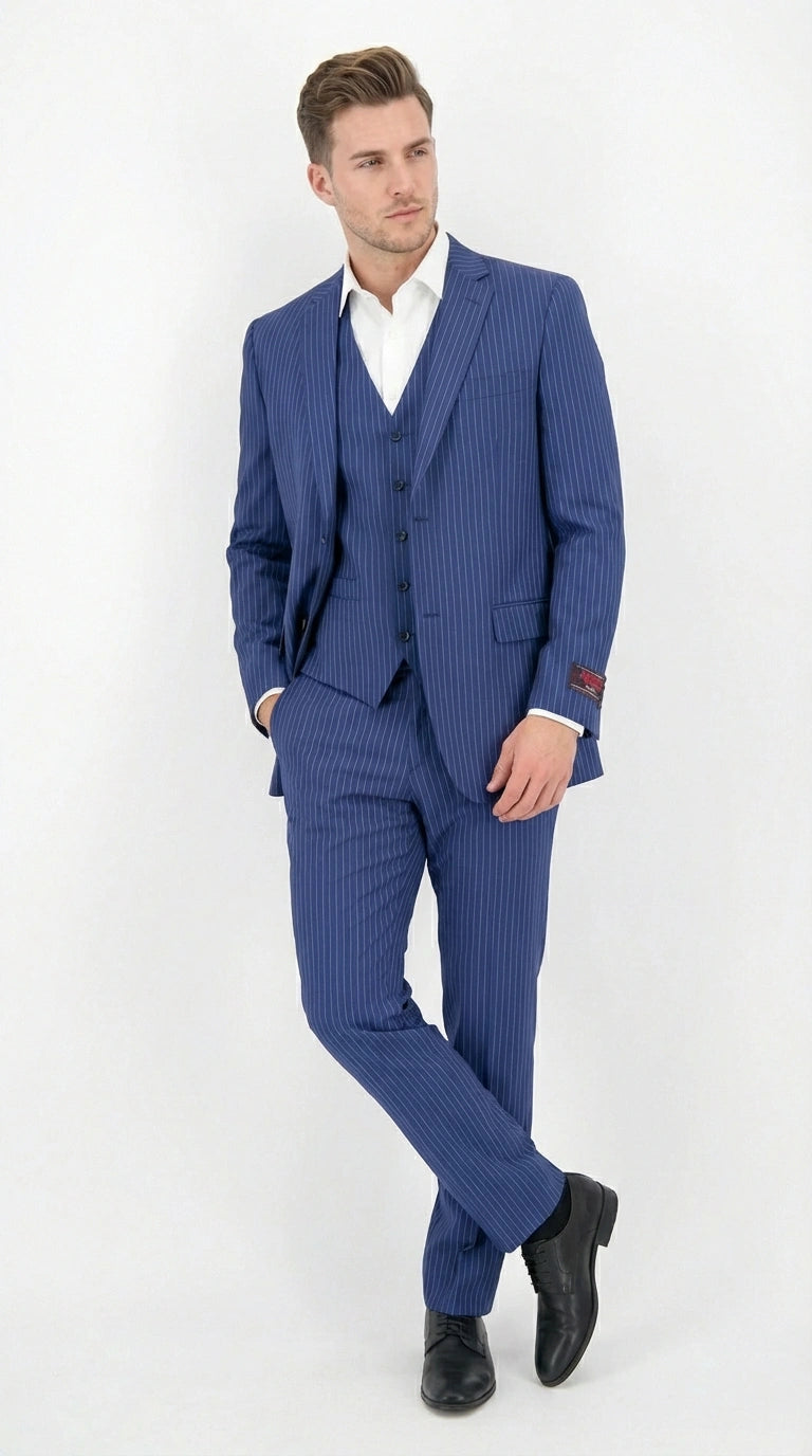 Men’s Royal Blue Pinstripe Three Piece Suit – Classic Formal 3PC Business and Wedding Suit Indigo Teal Saphire Pinstripe