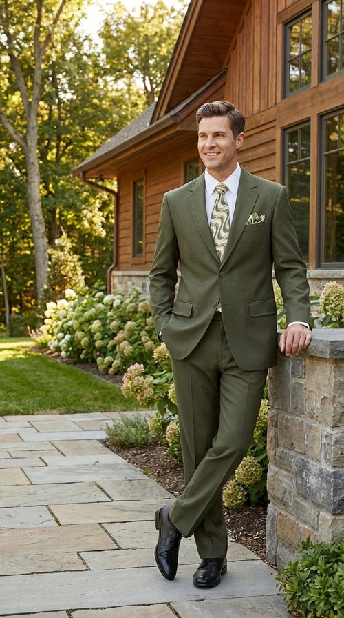 Men’s Olive Green Tuxedo With Trim Collar – Formal Wedding, Prom Suit Modern Fit