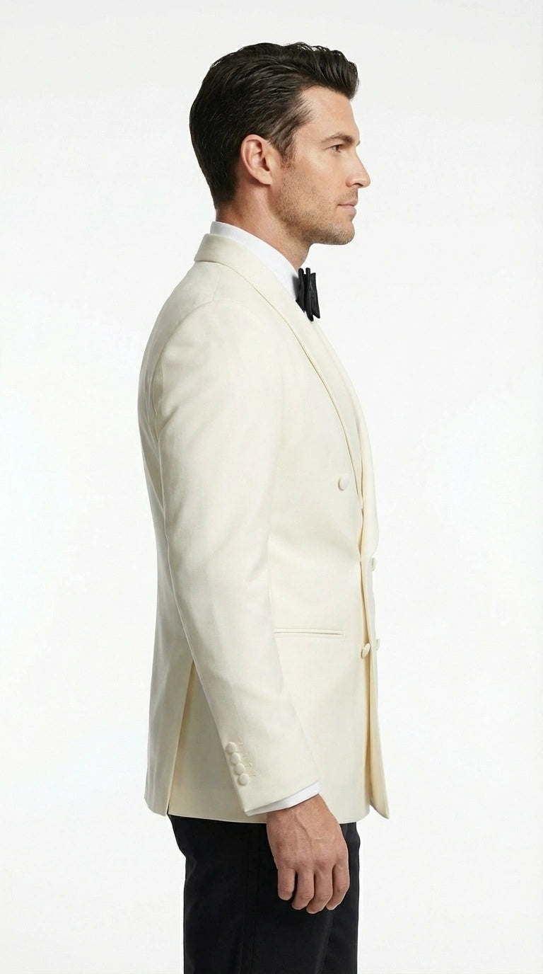 Men’s Ivory Wool Dinner Jacket – Classic Double Breasted Formal Tuxedo Jacket for Wedding and Black Tie Events