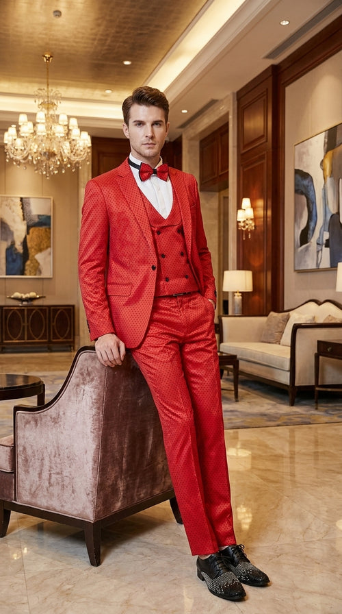 Tazio Men’s Cherry Red and Black  Polka-Dot 3-Piece Suit – Skinny Fit Prom, Wedding and Party Suit or Tuxedo