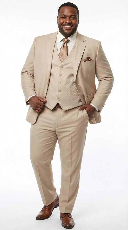 Men’s Tan Beige 3 Piece Tuxedo Suit – Beige Formal Suit Set with Vest, Patterned Lapel and Tie for Wedding, Prom in Tan Khaki Color