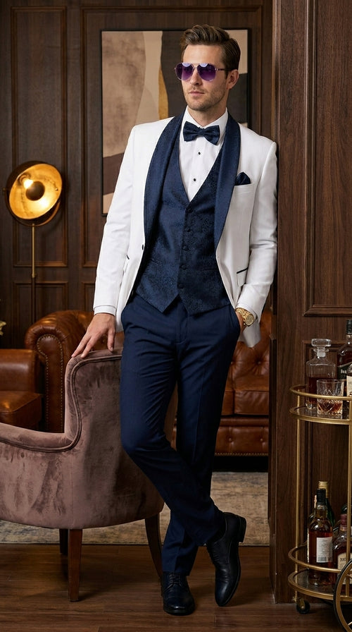 Men’s White and Navy Blue Tuxedo Wedding Suit with Blazer, Vest, Pants and Bow Tie, Formal Groom Suit