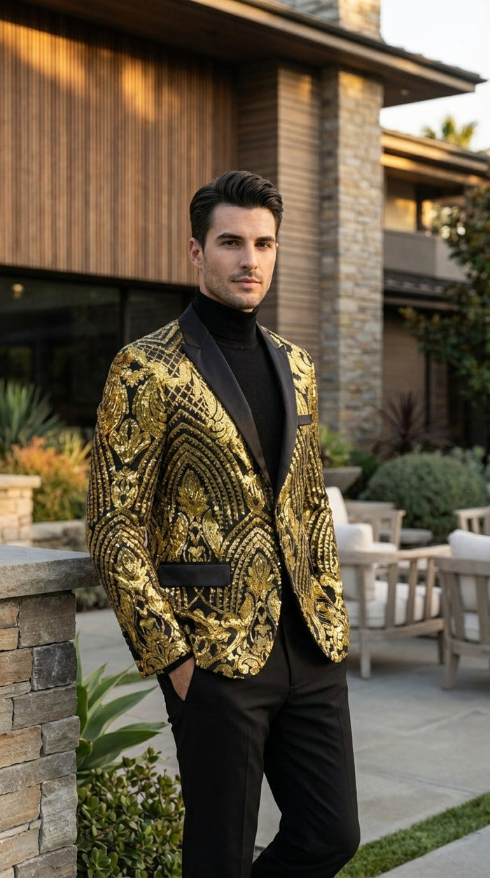 Mens Black and Gold Pattern Blazer – Gold Floral Luxury Formal Blazer Jacket for Prom, Wedding and Party Slim Fitted