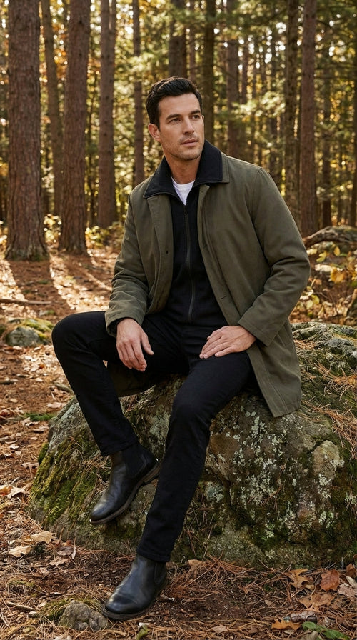 Mens Olive Brown Trench Coat Raincoat – Classic Water Resistant Long Coat with Zip and Button Closure for Business, Travel and Everyday Outerwear