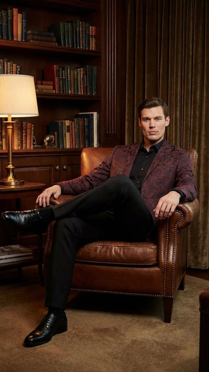 Men’s Burgundy Paisley Blazer Sport Coat - Velvet Dinner Jacket floral in Maroon Wine Color Ultra Slim Fit Smoking Jacket by USA Men's Outlet