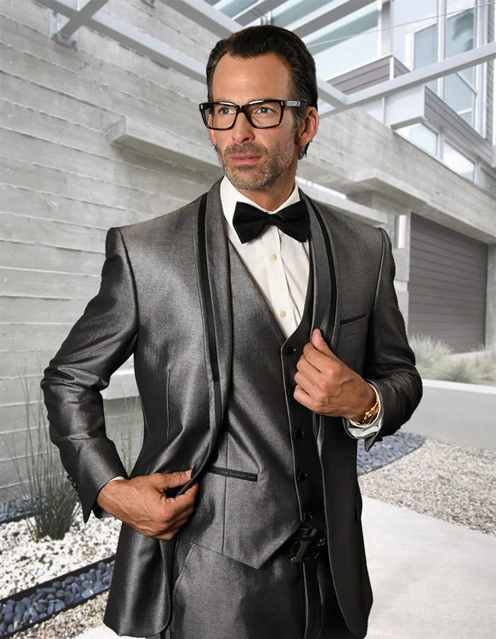 Designer Gray Prom Tuxedo - Grey Wedding Suit in Silver Sharkskin