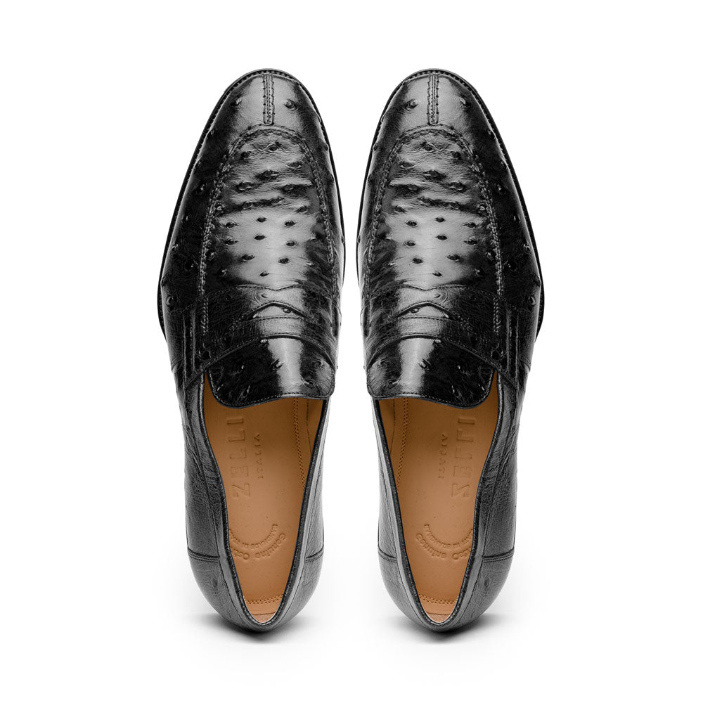 Zelli Roma Classic Penny Loafers in Genuine Black Ostrich Quill