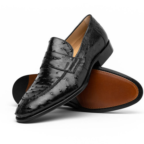 Zelli Roma Classic Penny Loafers in Genuine Black Ostrich Quill