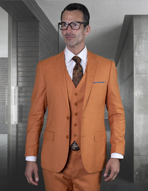 Mens 2 Button Slim Fit Vested Wool Suit in Rust by Statement