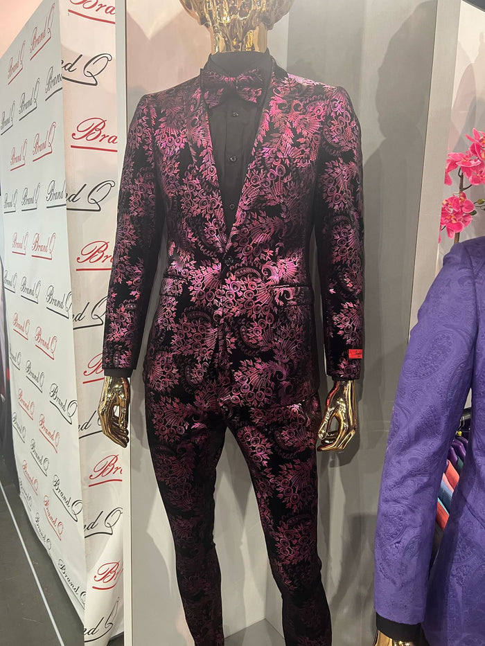 Men’s Black and Deep Pink Floral Tuxedo Suit - Slim Fit 2 Piece Formal Set with Matching Bow Tie by USA Men's Outlet