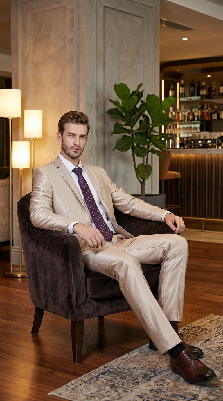 Men’s Champagne Tan Sharkskin 2 Button Suit – Shiny Formal Suit with Optional Vest for Wedding, Prom, Business Beige Color