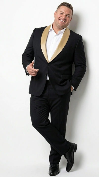 Men’s Black Suit with Gold Lapel – Luxury Formal Tuxedo Style Suit for Wedding, Prom, Party and Evening Wear