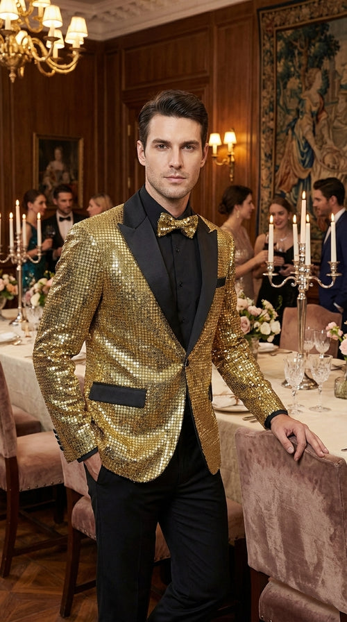 Mens Gold Sequin Blazer with Black Satin Lapel – Gold Formal Party Blazer Jacket for Prom, Wedding and Stage Events