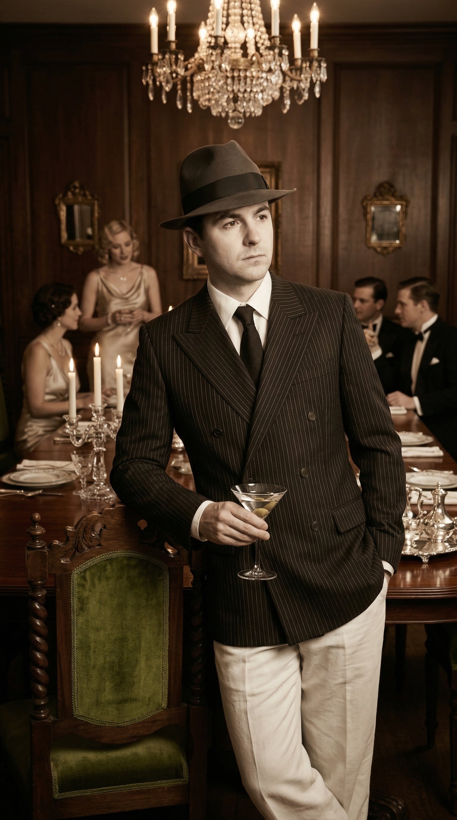 Men’s Black Pinstripe Blazer with White Pants 1920s Gangster Mob Boss Style Suit – Double Breasted Vintage Formal Jacket, Classic Party Costume Wear