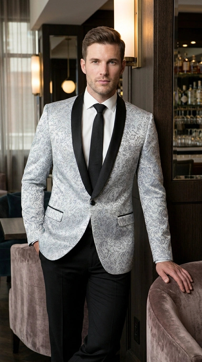 Men’s Silver and Black Floral Blazer – Elegant Formal Tuxedo Style Blazer Jacket for Wedding, Party, Prom and Evening Wear – SuitUSA